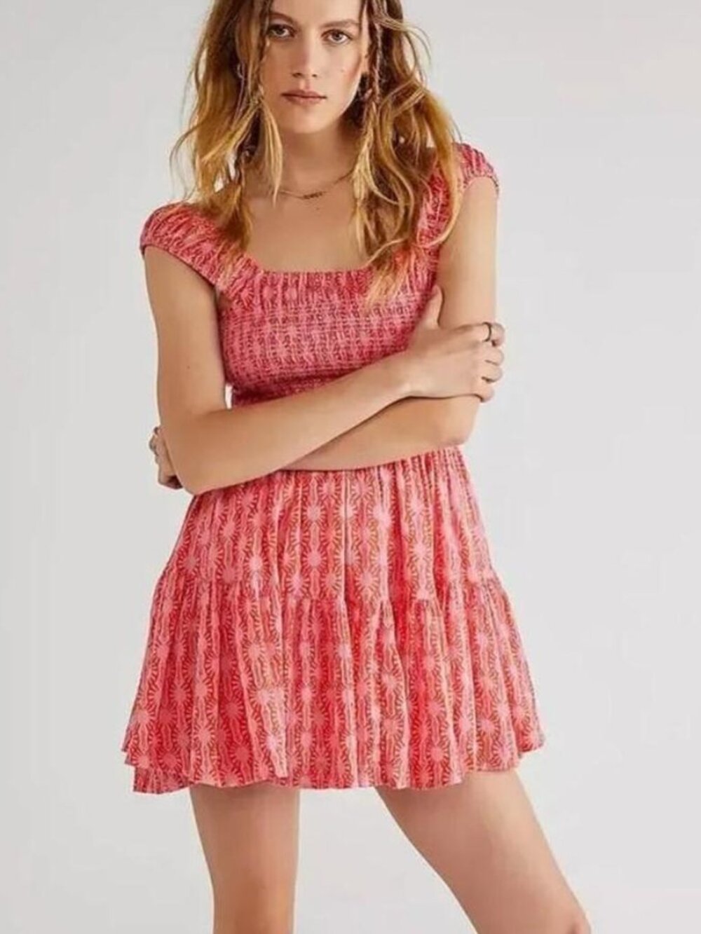 Free People pink red shirred mini dress with ruffle sleeves, size 6